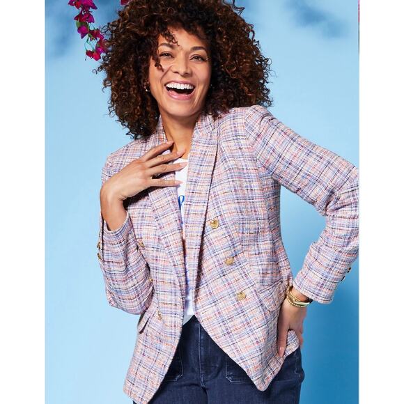 Talbots Petite 8 Tweed Double Breasted Blazer Multi Plaid Gold Button Preppy - Picture 1 of 8